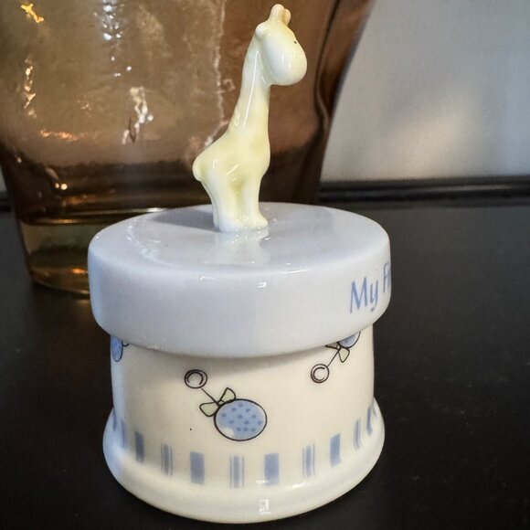 Russ Ceramic Round My First Tooth Baby Keepsake Trinket Jar With Giraffe Topper - Picture 9 of 9